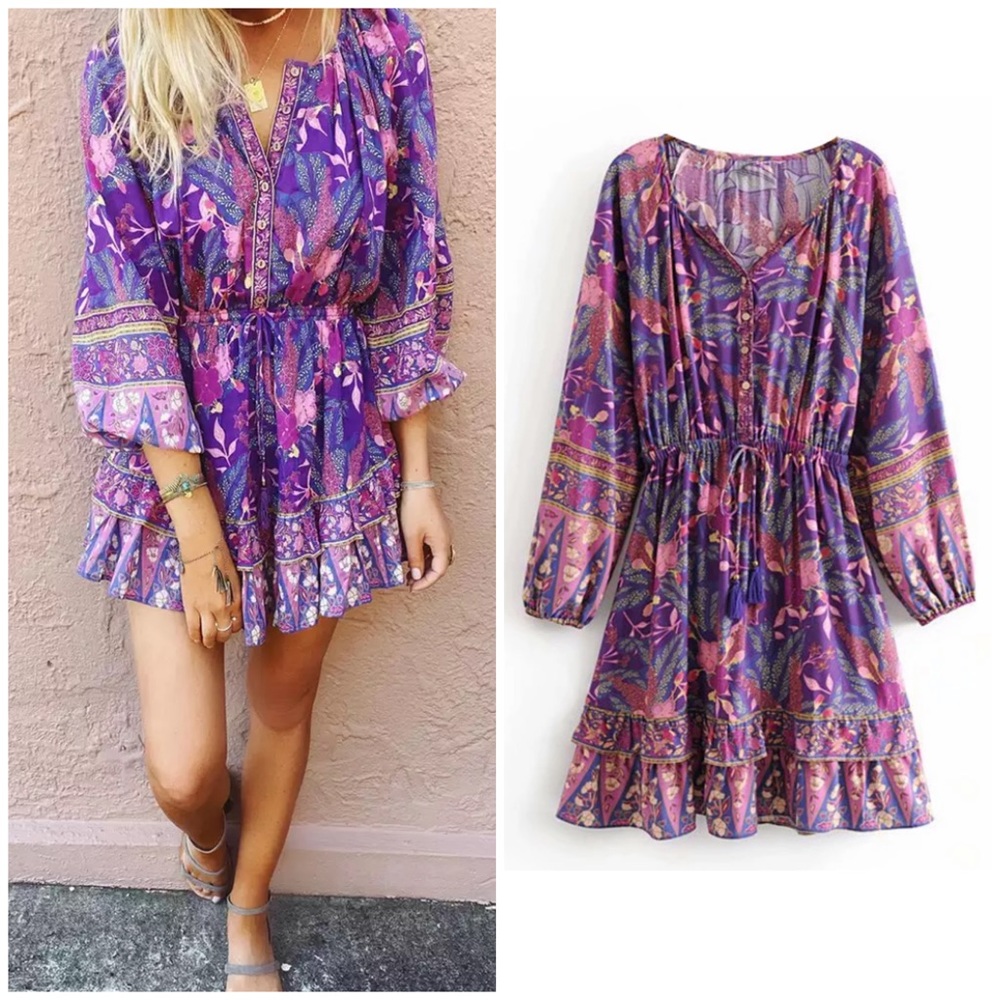 SOLD OUT Boho Purple Wisteria Long Sleeve Ruffled Dress - Picture 1 of 14